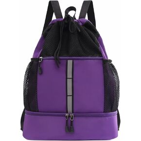 Drawstring Backpack, Water Resistant Sports Gym Bag with Wet Pocket, Shoes Compartment and Water Bottle Holder Pockets, Mesh String Bag with Front Pocket, Swim Bag for Men Women Sports(Purple)