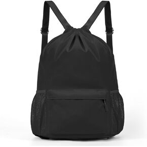 Drawstring Backpack Sports Gym Bag with Water-Resistant Large Capacity String Swim Backpack Side Mesh Pocket for Men Women (Black)