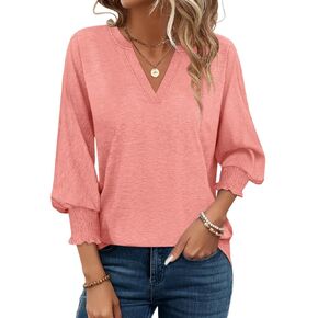 PGANDS Women's V Neck 3/4 Sleeve Tops Dressy Casual Shirts Cute Loose Blouse
