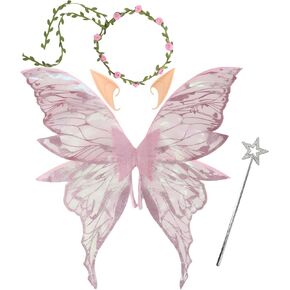 Snycler Fairy Wings for Adults and Girls, Fairy Costume Set with Floral Garland, Wand & Elf Ears Butterfly Wings