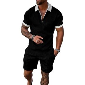 Mens Short Sets 2 Piece Outfits Fashion Summer Tracksuits 1/4 Zip Short Sleeve Polo Shirt and Shorts Set for Men