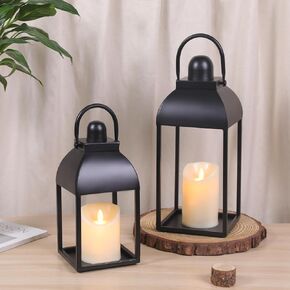Lanterns Decorative Outdoor Indoor, Black Metal Outdoor Lanterns, 17'' 13'' Set of 2 Modern Farmhouse Candle Lantern for Home, Wedding, Patio, Porch, Mantel, Lantern Centerpieces