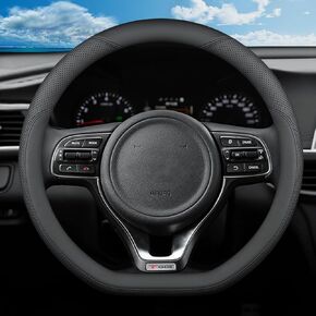 D-Shaped Steering Wheel Cover for Kia Soul K5 Forte Optima Stinger Seltos EV6 2021 2022 2023 2024 2025 Accessories, Black Microfiber Leather with Breathable Holes 14.5-15 inches