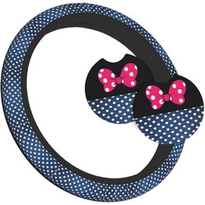 Black Polka Dot Red Bow Steering Wheel Cover,Cute Classic Universal Fit 14-15 inch Steering Wheel Cover for Women Men, Automotive Interior Accessories Decorative,with 2 Pack Car Coaster