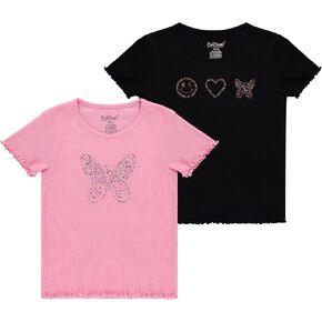 Pink Angel Girls’ 2-Pack Ribbed Tees – Sparkly Rhinestone Graphic T-Shirts – Soft, Stretchy, and Stylish Everyday Tops