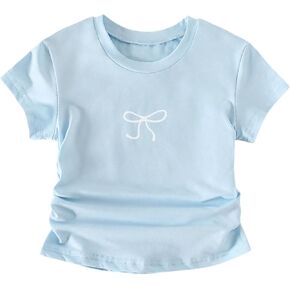 Floerns Girl's Bow Printed Ruched Tee Top Short Sleeve Crew Neck Casual Cute T Shirt