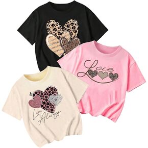 Floerns Girl's 3 Piece Heart Graphic Crew Neck T Shirt Short Sleeve Casual Cute Tee Top