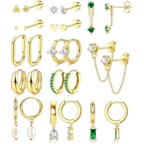 YADOCA 13Pairs Gold Earrings Stacks for Women Dainty Huggie Hoop Earrings Hypoallergenic 14k Gold Plated Flat Back Stud Cartilage Earring Sets for Multiple Piercing Pack