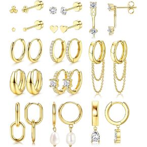 YADOCA 13Pairs Gold Earrings Stacks for Women Dainty Huggie Hoop Earrings Hypoallergenic 14k Gold Plated Flat Back Stud Cartilage Earring Sets for Multiple Piercing Pack in Kuwait