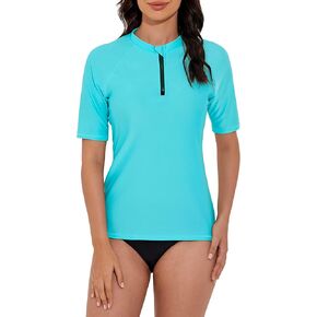 Tournesol Women's Rash Guard Short Sleeve Swim Shirt Quarter Zip Swimsuits Tops UPF 50+ Swimwear Top Raglan Sleeve Swim Top