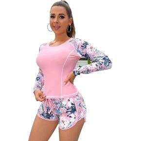 Lopie Women Rash Guard Shirts Long Sleeve Swimsuit 2 Piece Bathing Suit Set with Bottom UPF 50 Surf Swimwear(XXL,Pink302)