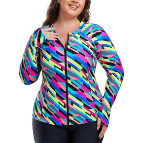 Ocean Blues Women's Plus Long Sleeve UV Protection UPF 50+ Rash Guard Swimsuit Top Swim Shirt with zip More