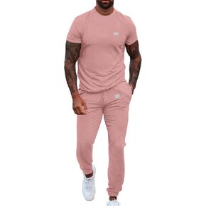 UOUA Mens 2 Piece Sweatsuits Outfits Short Sleeve Pullover Loungewear & Joggers Sweatpants Summer Casual Track Suits Set Pink M 3XL