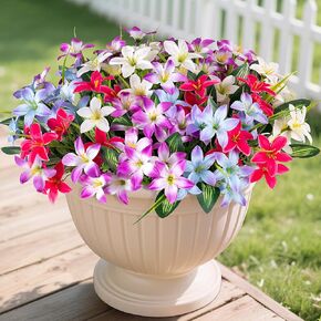 Artificial Fake Plant Flowers Outdoor Spring Summer Decor, 10 Bundles Faux Silk Colorful Lily Realistic UV Resistant for Outside Home Porch Patio Yard Decoration(Red White Purple Rose)