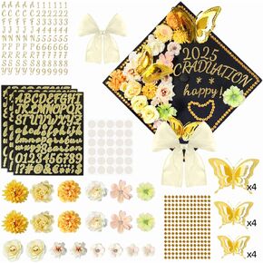 39Pcs Graduation Cap Decorations Kit Golden 3D Butterfly Stickers Yellow Artificial Flowers Yellow Satin Bow Glitter Rhinestones Alphabet Letter Number Stickers for 2025 Graduation Party Supplies