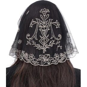 Bozidol Mantilla Veil for Catholic Women: Small D Shape Lily Maria Embroidered Veil, Religious Veils for Church Mass Baptism