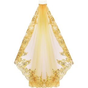 PURFUN Women Gold Lace Veil with Comb, Shiny Sequins Long Wedding Veil Briadal Cathedral Veil The Day of the Dead Cosplay Photography Halloween Costume Veil Hair Accessory Headwear