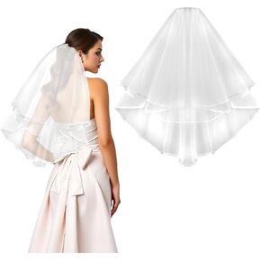 Bridal Wedding Veil Short Lace Mesh Tulle Veils 2 Tier Bridal Veil White Hen Party Veil Simple Wedding Bride Veil with Comb for Women Brides Bachelorette Engagement Wedding Hen Night Party Accessories