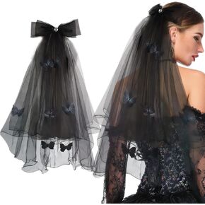 Black Veil Bow Butterfly Heart Rhinestone with Hair Clip Women Bride Wedding Veils Headband Hair Accessories for Gothic Halloween Coplay Engagement Bachelorette Party Headpieces