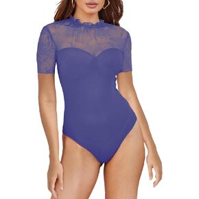 SEBOWEL Women Sexy Floral Lace Mesh Bodysuit Short Sleeve Sheer See Through Mesh Bodysuit Tops Going Out Tops Romper Clubwear