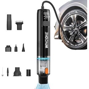 Tire Inflator Portable Air Pump 150PSI，2-in-1 Vacuum Cleaner with 12000Pa Suction，Air Compressor with LED Pressure Gauge and Light, Type-C Charger, Suitable for Car Bike Motorcycle Ball