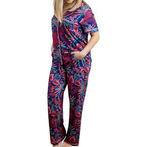 Mary Square Women's Charlotte Style Short Sleeve Button Up and Pant Pajama Set, Hot Tropic Navy