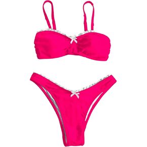 GORGLITTER Women's Bow Bikini Set Lace Ruched High Cut Thong Cute Cheeky 2025 Swimsuit Bathing Suit