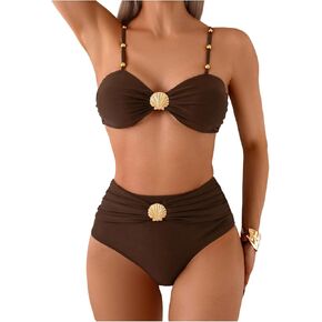 Makemechic النسائية عالية الخصر بيكيني مجموعة المعادن قذيفة السباحة بدلة السباحة بدلة السباحة