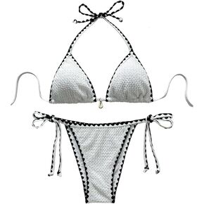 SOLY HUX Women's Halter Tie Side Bikini Set High Cut Triangle Textured Swimsuit 2 Piece Bathing Suit