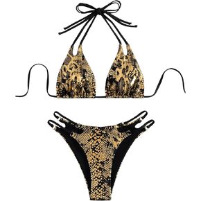 SOLY HUX Bathing Suit for Women Metallic Snakeskin Print Halter Triangle Cut Out Bikini Sets Two Piece Swimsuit