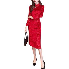 اللون الأحمر المخملي للسيدات ميدي تشيونغسام Qipao فستان الأزهار الفستان الصيني الجديد