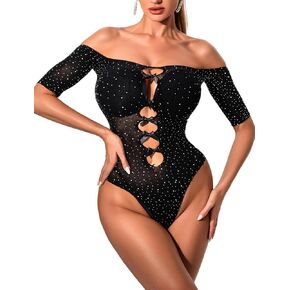Sexy Mesh Teddy Lingerie – Cut Out Halter Bodysuit with Sparkle Rhinestone, Mesh Chemise Babydoll Bodysuit for Women, See Through Lingerie, Sexy Women Outfit