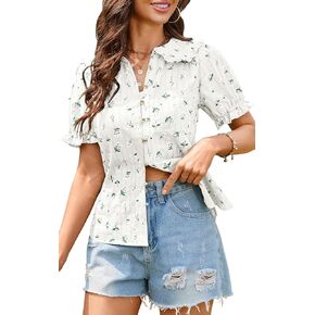 زر القميص Up Ecowish Women - Peter Pan Collar تقشغ الأكمام القصيرة الصيفية قمم القطن غير الرسمي بلوزة الأزهار الرجعية