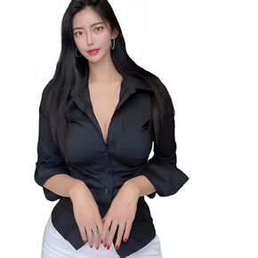 Slim Fitting Sexy Long Sleeved Shirt with Row Collar and Button Pleated Waist for Women's Shirt