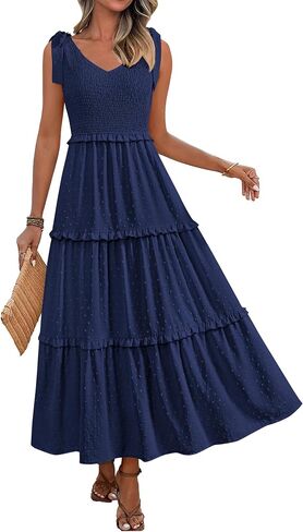 Okiwam Womens Summer Dresses 2025 Spring V Neck Sleeveless Tie Strap Maxi Beach Sundresses Boho Swiss Dot Wedding Guest Dress in Kuwait