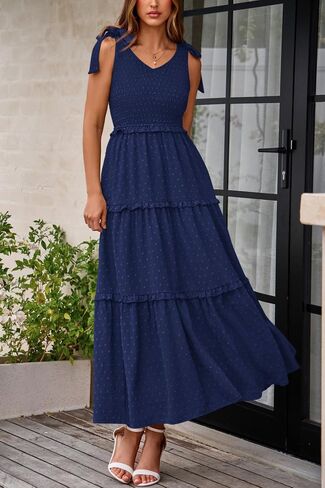 Okiwam Womens Summer Dresses 2025 Spring V Neck Sleeveless Tie Strap Maxi Beach Sundresses Boho Swiss Dot Wedding Guest Dress in Kuwait