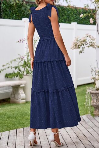 Okiwam Womens Summer Dresses 2025 Spring V Neck Sleeveless Tie Strap Maxi Beach Sundresses Boho Swiss Dot Wedding Guest Dress in Kuwait