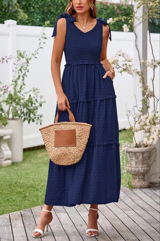 Okiwam Womens Summer Dresses 2025 Spring V Neck Sleeveless Tie Strap Maxi Beach Sundresses Boho Swiss Dot Wedding Guest Dress in Kuwait