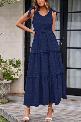 Okiwam Womens Summer Dresses 2025 Spring V Neck Sleeveless Tie Strap Maxi Beach Sundresses Boho Swiss Dot Wedding Guest Dress in Kuwait