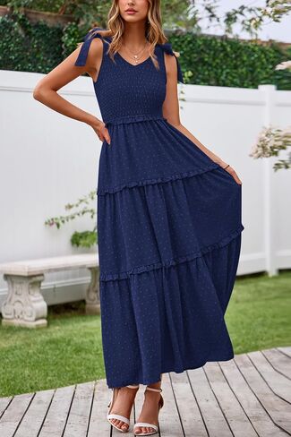 Okiwam Womens Summer Dresses 2025 Spring V Neck Sleeveless Tie Strap Maxi Beach Sundresses Boho Swiss Dot Wedding Guest Dress in Kuwait