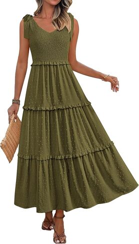Okiwam Womens Summer Dresses 2025 Spring V Neck Sleeveless Tie Strap Maxi Beach Sundresses Boho Swiss Dot Wedding Guest Dress in Kuwait