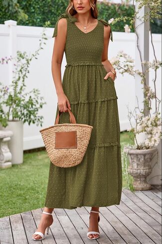 Okiwam Womens Summer Dresses 2025 Spring V Neck Sleeveless Tie Strap Maxi Beach Sundresses Boho Swiss Dot Wedding Guest Dress in Kuwait