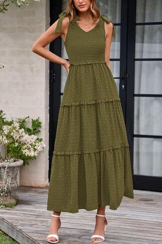 Okiwam Womens Summer Dresses 2025 Spring V Neck Sleeveless Tie Strap Maxi Beach Sundresses Boho Swiss Dot Wedding Guest Dress in Kuwait