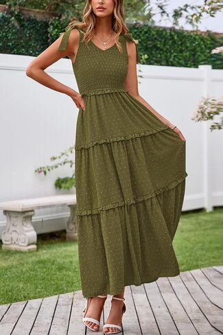 Okiwam Womens Summer Dresses 2025 Spring V Neck Sleeveless Tie Strap Maxi Beach Sundresses Boho Swiss Dot Wedding Guest Dress in Kuwait