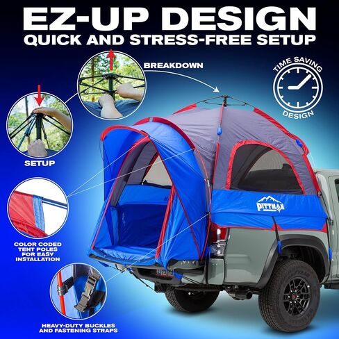 Pittman - Truck Bed Tent مع تصميم EZ -UP - Truck Truck Tent للتخييم - تشمل ذبابة المطر ، دخول واسع ، وغطاء كبير في الهواء وغطاء الشرفة - Premium Pickup Bed Camper in Kuwait