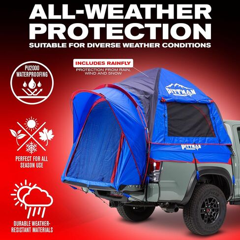 Pittman - Truck Bed Tent مع تصميم EZ -UP - Truck Truck Tent للتخييم - تشمل ذبابة المطر ، دخول واسع ، وغطاء كبير في الهواء وغطاء الشرفة - Premium Pickup Bed Camper in Kuwait