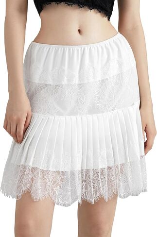 Womens Y2k Tiered Lace Mini Skirt Low Rise Pleated Ruffle Lace Trim Half Slip Skirt Layered Flowy Skirts Underskirt in Saudi Arabia