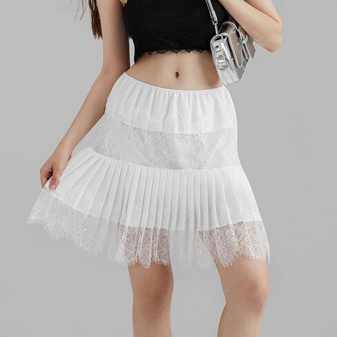 Womens Y2k Tiered Lace Mini Skirt Low Rise Pleated Ruffle Lace Trim Half Slip Skirt Layered Flowy Skirts Underskirt in Saudi Arabia