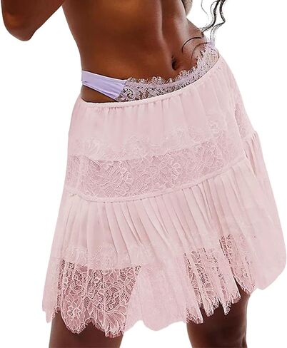 Womens Y2k Tiered Lace Mini Skirt Low Rise Pleated Ruffle Lace Trim Half Slip Skirt Layered Flowy Skirts Underskirt in Saudi Arabia