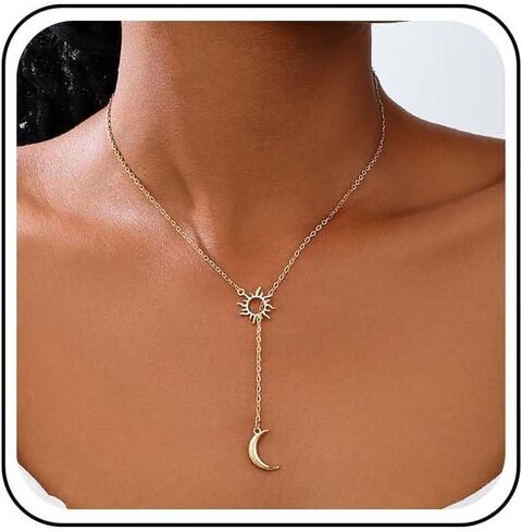 Boho Moon Lariat Necklace Chain Crescent Moon Pendant Necklace Vintage Sun Choker Necklace Sun Moon Y Drop Necklace Jewelry for Women in Kuwait